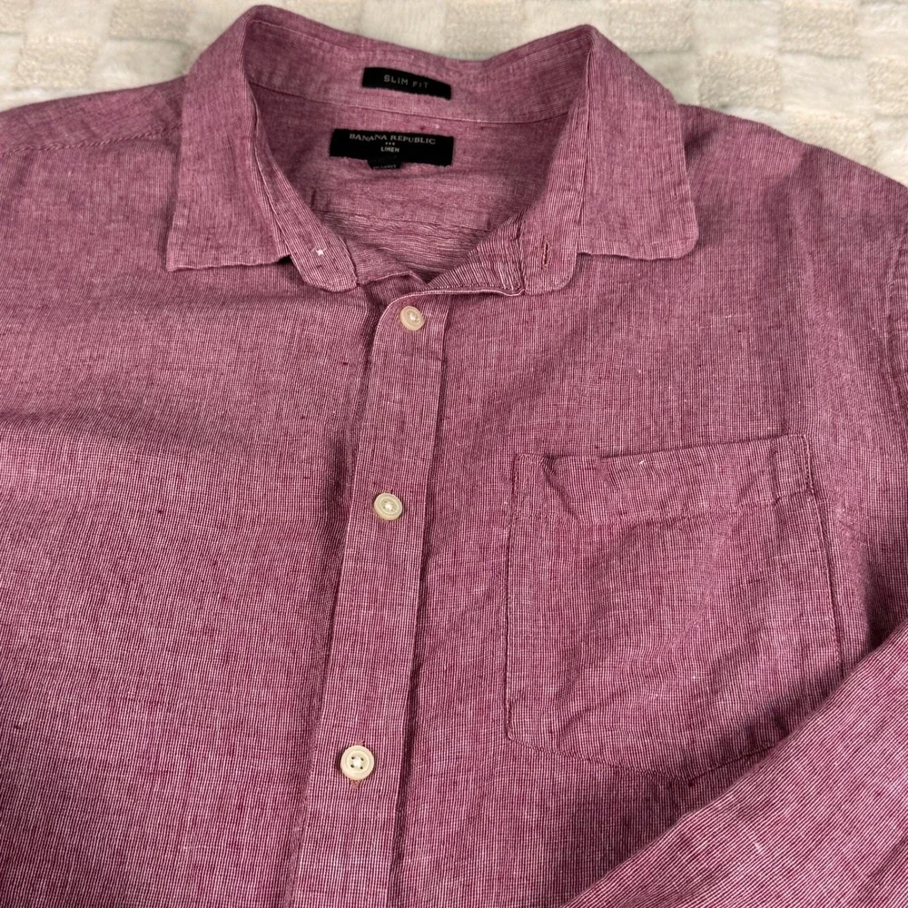 Banana Republic Mens XL Linen Slim Fit Button Down Shirt Red Long Sleeve